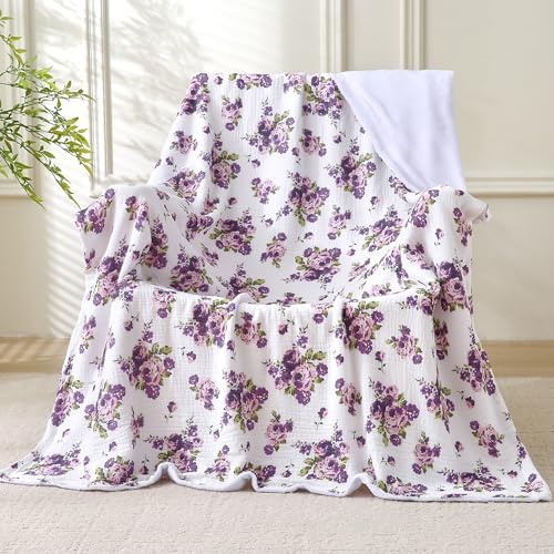 Muslin Blankets for Adults Reversible Throw Fleece & Gauze, Soft Cozy Lightweight Breathable Floral Blanket for Bed Couch, Double Layer Muslin Purple Rose Throw Cover 90"x108"