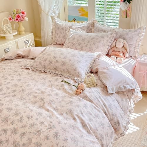 Garden Flower Duvet Cover Set Muslin Cotton Queen(90"x90"),Pink Blue