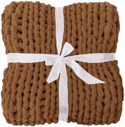 Bigacogo Chunky Knit Throw Blanket for Couch, 40x80 inches, Caramel