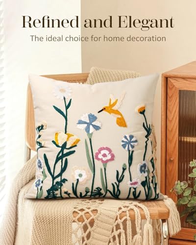 Embroidered Throw Pillow Cover 18x18 Inch - Spring Summer Boho Decorative Pillow Cover with Zipper for Living Room Couch Sofa Bed Aesthetic Design Flower Bird Cushion Pillowcase (Pack of 2)