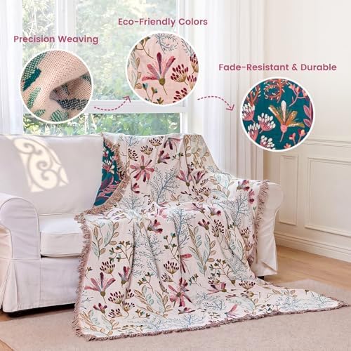 MSGKV Boho Throw Blanket 60"x80" 100% Cotton Floral Blanket for Couch Bed