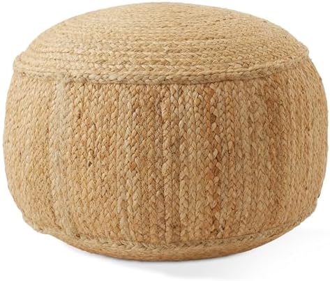 Casafield Braided Jute Pouf, Large Round Pouf Ottoman, 22" W x 22" D x 14" H Woven Jute Footrest, Decorative Indoor Boho Home Accent for Living Room