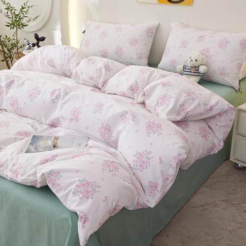 HighBuy Vintage Floral Duvet Cover Set King with Pink Floral Print,Comforter Cover Chic Floral Bedding Set,100% Cotton Super Soft,Princess,1 Duvet Cover with 2 Bowknot Bow Tie Pillowcases