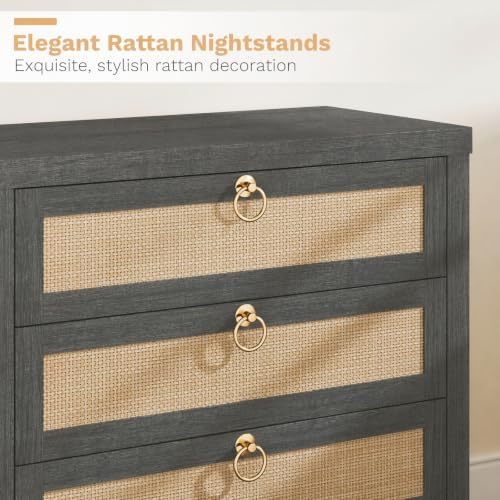 Eclatara Large Rattan Night Stand Set of 2 Boho Nightstand with 3 Drawers