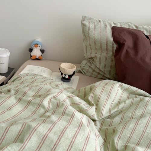 AOJIM Sage Green & Russet‑Red Striped Duvet Cover Full 3Pcs Vintage Bedding