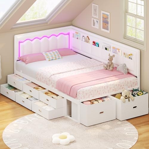 ADORNEVE Twin Corner Bed Frame with 8 Storage Drawers and LED Lights,White