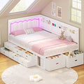 ADORNEVE Twin Corner Bed Frame with 8 Storage Drawers and LED Lights,White