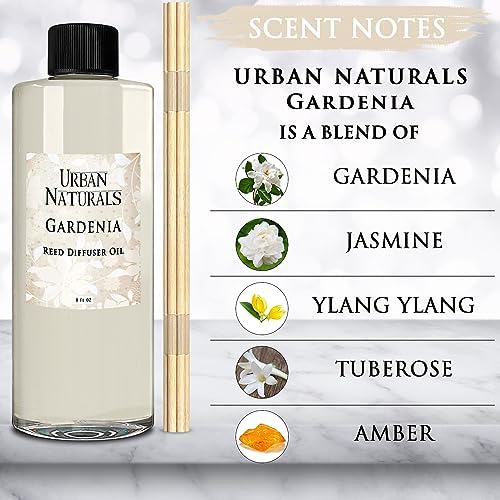 Urban Naturals Reed Diffuser Oil Refill Gardenia with Jasmine, Ylang Ylang, Tuberose, Amber 8 oz + Free Reed Sticks, Made in the USA