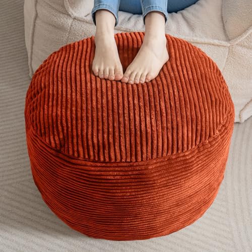 HIGOGOGO Round Stuffed Pouf Ottoman, Corduroy Poufs with Foam Chunk Filling, Furry and Fluffy Pouf Foot Stool Storage Ottoman, 26 X 18 Floor Poufs Foot Rest for Living Room, Terra Cotta