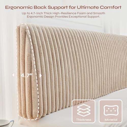 Pinmoco 4.7" Upholstered Modern Headboard for Queen Size Bed, Height Adjustable and Ergonomic Headboard, Easy Assemble, Sturdy and Durable, Faux Rabbit Fur, Light Camel