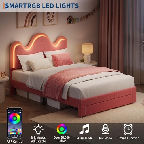IDEALHOUSE Full Bed Frame with LED Headboard and Under-Bed Drawer, Metal