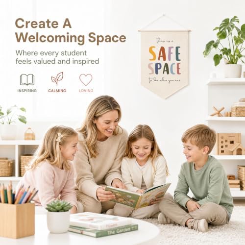 Classroom Decor, Classroom Signs Wall Art, Safe Space Wall Hanging Banner for School Counselor Office, Calm Corner and Mental Health Decor for Classrooms, Therapist and Social Worker Offices
