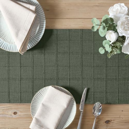 ZeeMart Linen Checked Farmhouse Table Runner, 13x72 Inches Army Green