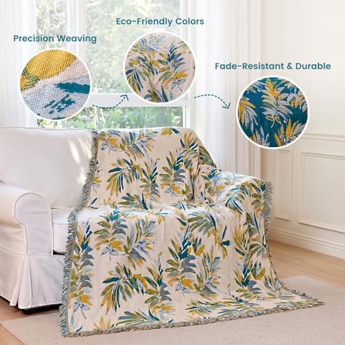 MSGKV Boho Throw Blanket 50"x60" 100% Cotton Leaves Muslin Throw for Couch
