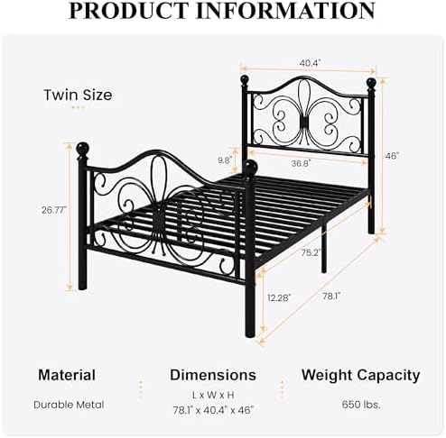 SHA CERLIN Twin Size Metal Bed Frame with Butterfly Headboard, Black