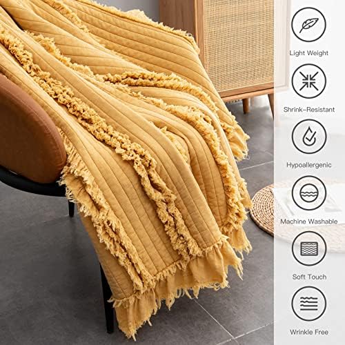 Ultra Soft Pre-Washed Warm Quilted Throw Blanket, Ruffle Fringed Yellow Boho Decorative Throw, Stone Washed Chic Rustic Blanket for Sofa Couch Bed Chair, 50"x 60"