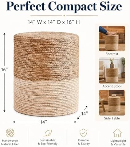 14" Boho Pouf Patio Ottomans Natural Straw Handweave Rustic Round Footstool