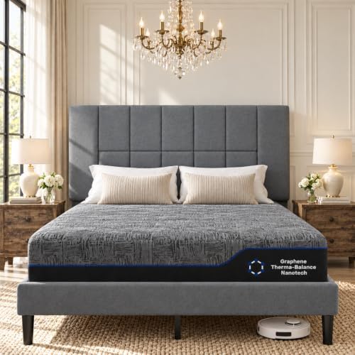 Marsail Full Bed Frame with Headboard & 12 Inch Full Size Mattress Set,Gray
