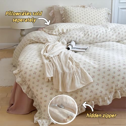 2-Layer Cotton Muslin Duvet Cover Full for Kids Girls Boys, Shabby Chic Floral Duvet Covers Beige Comforter/Quilt Cover with Ruffles, 79"x90", Azalea, No Pillow Cases