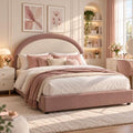REVOMINCA Upholstered Platform Bed Frame, Boucle Queen Bed Frame with Headboard, White Bed Frame, Soft Rounded Corners, No Box Spring Required, Easy Assembly, Dusty Rose&White