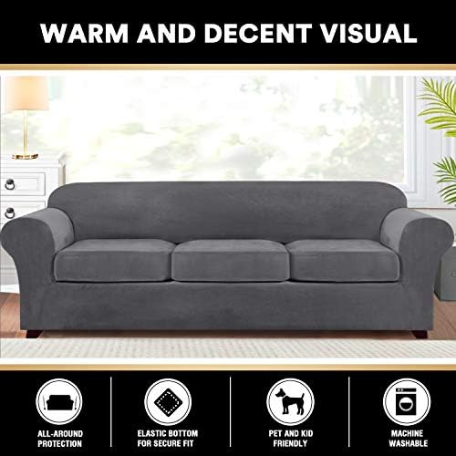 PrinceDeco Velvet XL Couch Cover for Oversized Sofa 4 Piece Sofa Covers for 3 Cushion Couch Washable Furniture Protector with Non Slip Elastic Bottom Width Up to 105 Inch(X-Large, Grey)