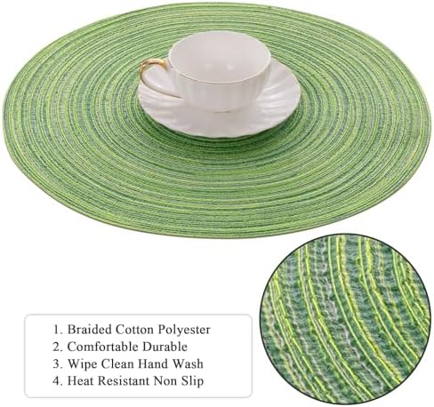SHACOS Round Placemats Set of 4 Round Table Placemats Braided Cotton Place Mats 15 inch for Kitchen Dining Table Holiday Party (Mixed Color Pea Green, 4)