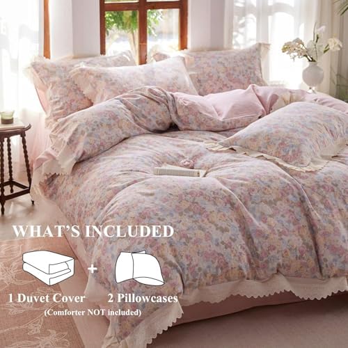 Ruffled Full Size Duvet Cover with 2 Pillowcases,80"×90",100% Cotton