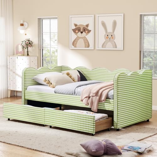 Twin Size Daybed with Storage Drawers, Linen Gingham Daybed with USB Ports & Wave Shaped, Upholstered Day Bed Frame, Modern Sofa Bed for Living Room/Bedroom/Guest Room, No Box Spring Needed, Green