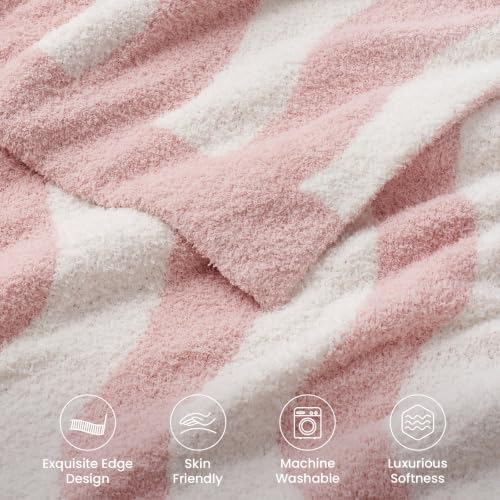 Snuggle Sac Wave Stripe Throw Blanket for Couch, Fuzzy Microfiber Blankets, Throws for Girls Daughter Gifts for Kid, Wave Pink White, 60x80 inches