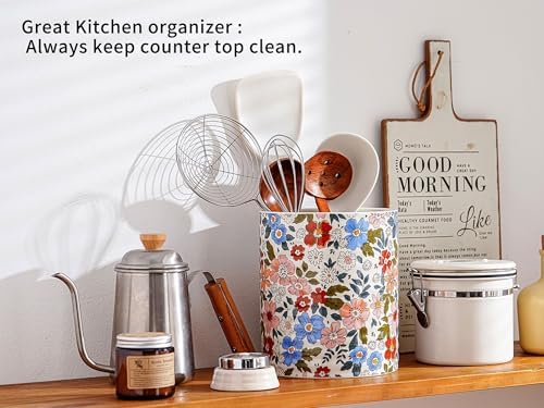 Kitchen Utensil Holder,7.2-inch Extra Large Sturdy Ceramic Vintage Floral Pattern Utensil Crock,Cooking Utensil Organizer for Kitchen Counter Decor,Storage Caddy Farmhouse Gift Retro Pink