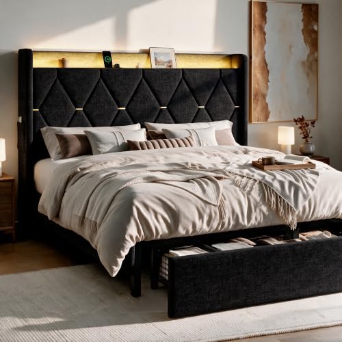 SHA CERLIN King Size Bed Frame with Storage Drawer & LED Lights, Black
