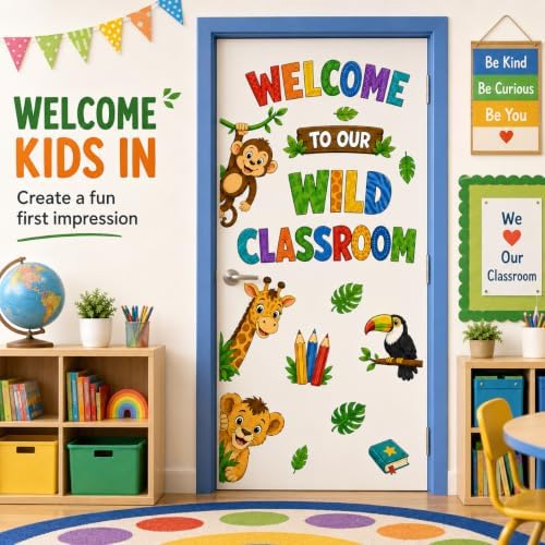 Zoo Animal Wall Stickers PVC Jungle Animal Wall Decals Tiger Elephant Giraffe Lion Monkey Peel and Stick Wall Decor for Nursery Playroom Bedroom Classroom Kindergarten