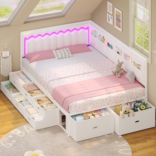 ADORNEVE Full Corner Bed Frame with 8 Storage Drawers and LED Lights, White