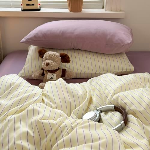 mixinni Pastel Yellow Lavender Striped Twin XL Duvet Cover Set, Soft Premium Washed Microfiber Aesthetic Stripes Comforter Cover with Hidden Zipper & Corner Ties, 3 Piece Sweet Teen Bedding for Girls