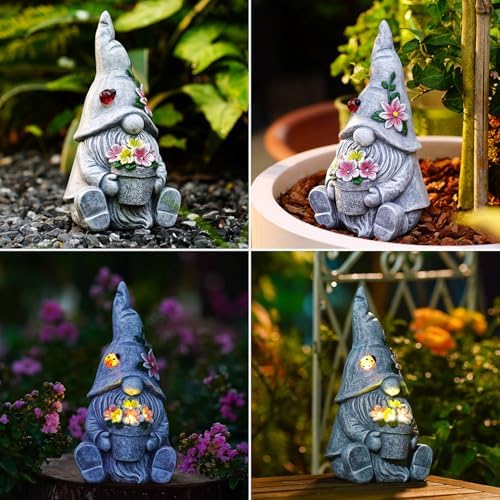 Goodeco Solar Sitting Gnome with LED Flower Light Garden Decor