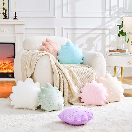 Uvvyui Shell Pillow Seashell Throw Pillow Shell Shaped Decorative Pillows Soft Velvet Sea Shells Pillow Aesthetic Home Decor Sea Ocean Beach Cushion Bed Pillow（Blue, 15x13 Inch）