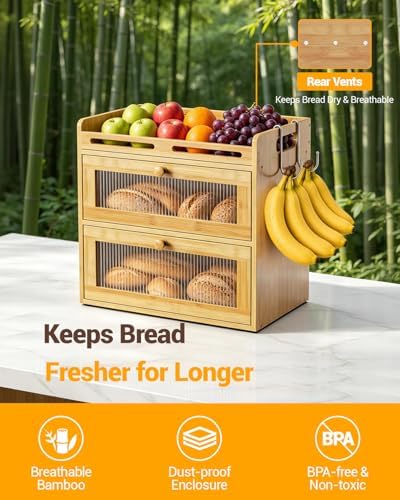 Bread Box for Kitchen Countertop, 2-Tier Bamboo Storage with Top Shelf