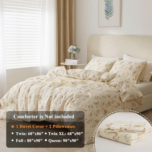 Flower Duvet Cover Set 100% Cotton Queen(90"x90"),Yellow Floral