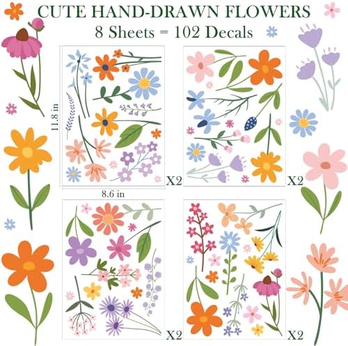 Floral Wall Decals - 102 Pcs Peel and Stick Vinyl Flower Stickers - Assorted Varieties & Colors for Bedroom, Kids’ Rooms, Nursery, or Living Room Decor