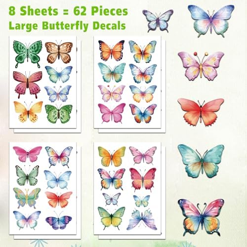 62 Large Butterfly Wall Decals - Peel and Stick Vinyl Wall Stickers for Room Decor, Safe for Walls, Repositionable