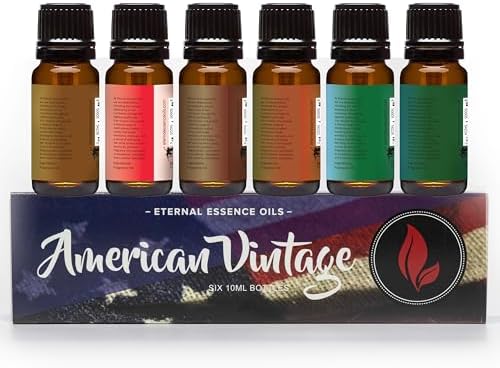 Eternal Essence Oils American Vintage Set of 6 Premium Fragrance Oils - Sandalwood Vanilla, Frankincense & Rain, Cardamom Cedar Blossom, Aspen Grass, Warm Rustic Woods, and Barbershop 1920-10ML