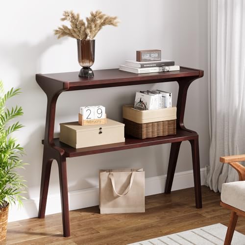 Tribesigns Solid Wood End Table, 2-Tier Farmhouse Side Table with Storage Shelves, Slim Side Table for Couch with Unique Legs, Long Bedside Table for Bedroom, Living Room, Burgundy