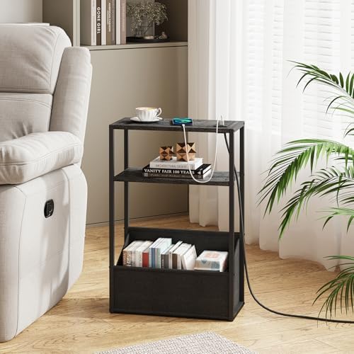 TUTOTAK Narrow Side Table with Charging Station, Slim End Table