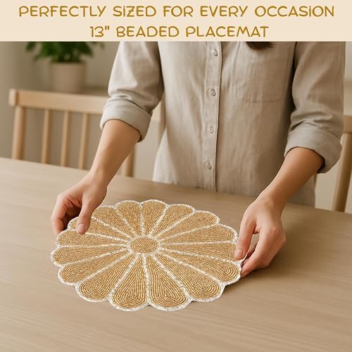 ALPHA Living HOME 2-Pack Round Placemats, Glass Beads, Gold Silver, 13 Inch