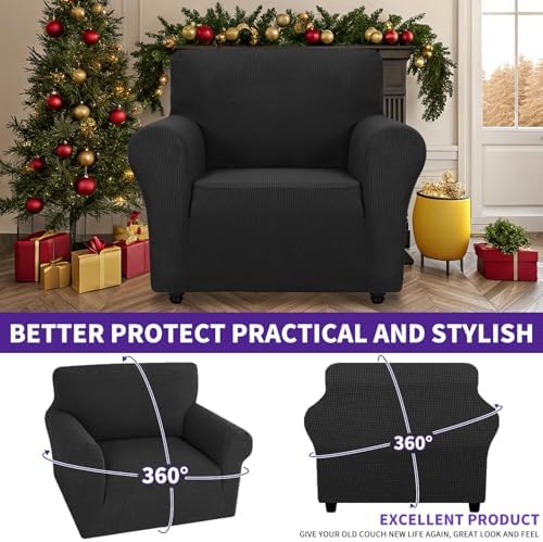 ZNSAYOTX Super Stretch Chair Slipcover Universal Sofa Chair Covers for Living Room Dogs Pet Furniture Protector Spandex Armchair Slipcovers with Anti Slip Foam Sticks (Black, Chair)