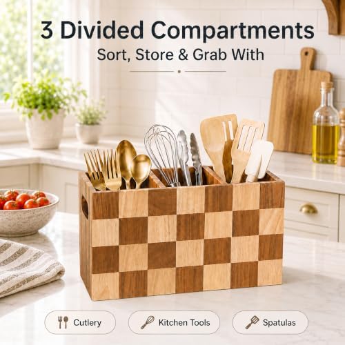 Kitchen Utensil Holder, 3 Compartment Large Wooden Utensil Organizer