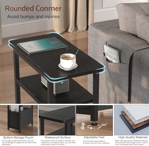 sthmec Narrow Side Table, Skinny End Tables with Fabric Basket, Small Side Tables for Small Space, 2-Tier Open Shelves with Basket, Slim Nightstands for Bedroom,Living Room,Office, Black