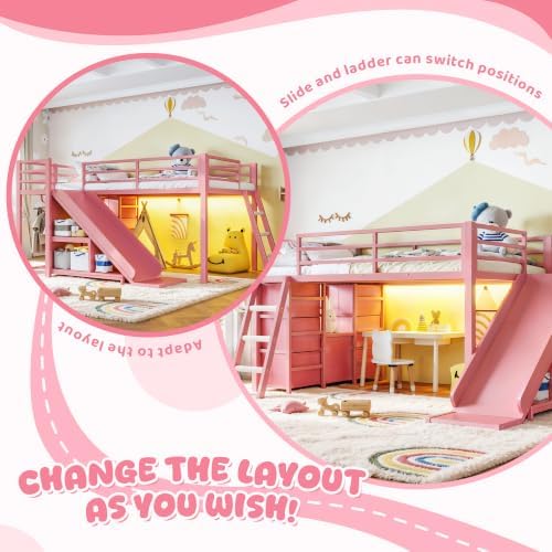 Bellemave Twin Loft Bed with Slide & Ladder, Metal Kids Loft Bed with Storage Drawers & LED Lights, Low Loft Bed Twin Size with Wood Wardrobe & Bookcase, Loft Bed for Kids Teens, Pink