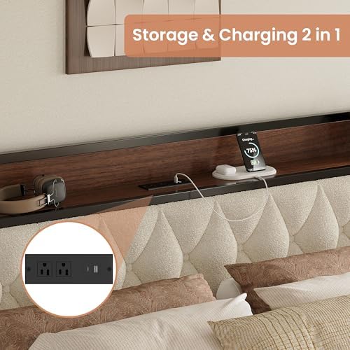 ANCTOR King Size Bed Frame with Headboard and Charging Station, Walnut