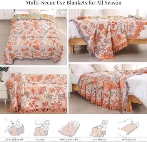 Boho Throw Blanket for Bed 100% Cotton Bohemian Blankets Ultra Soft Woven Muslin Decorative Blankets All Seasons Vintage Quilt Knitted Blanket for Sofa Chair(Orange, 90"x98")